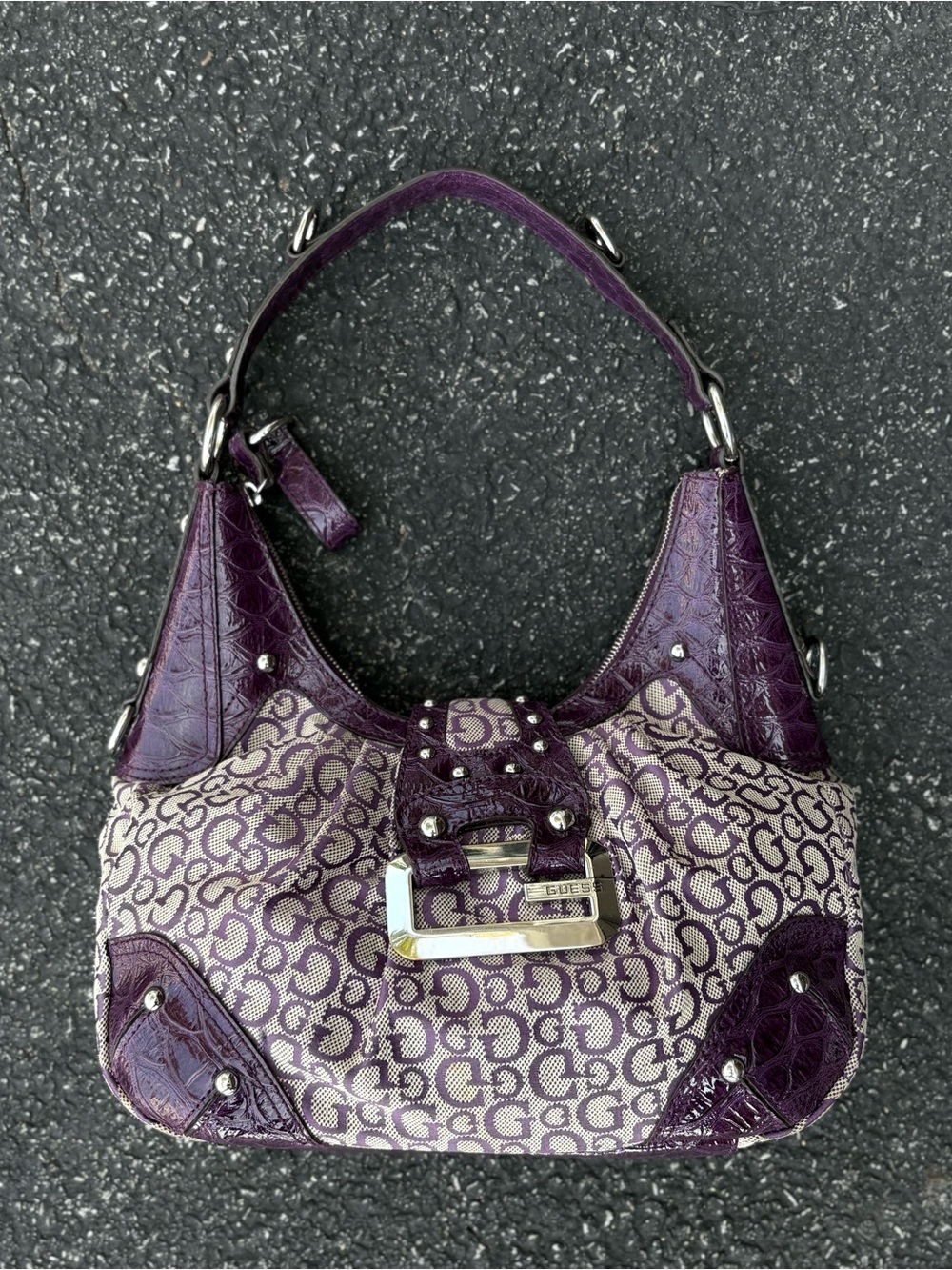 GUESS Vintage Y2K Hobo Baguette Monogram Purple Shoulder Bag Rare 2000s USA Cute